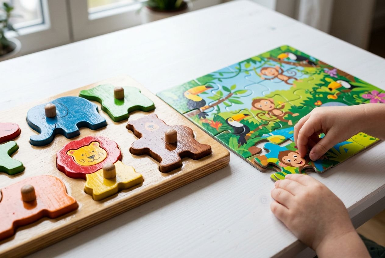 Enfant manipulant un puzzle en bois de formes animales colorées à côté d’un puzzle illustré sur fond tropical. puzzle 2 ans combien de pièces intégré.