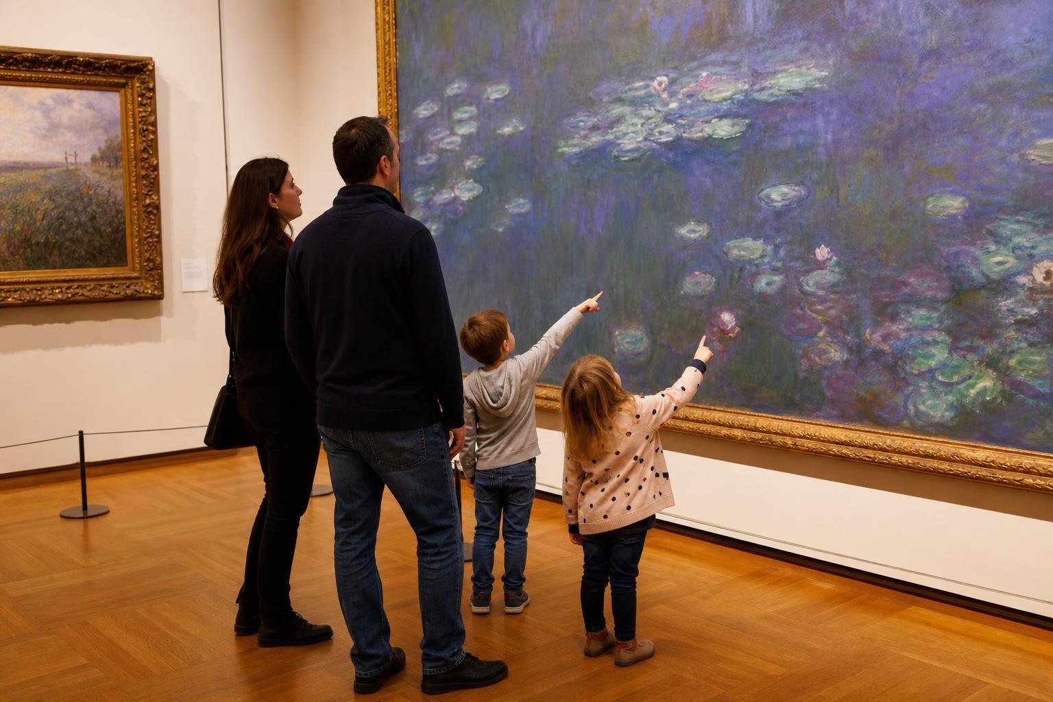 Famille regardant une grande œuvre impressionniste dans un musée, les enfants s’enthousiasment à découvrir culture enfants et pointer du doigt le tableau.
