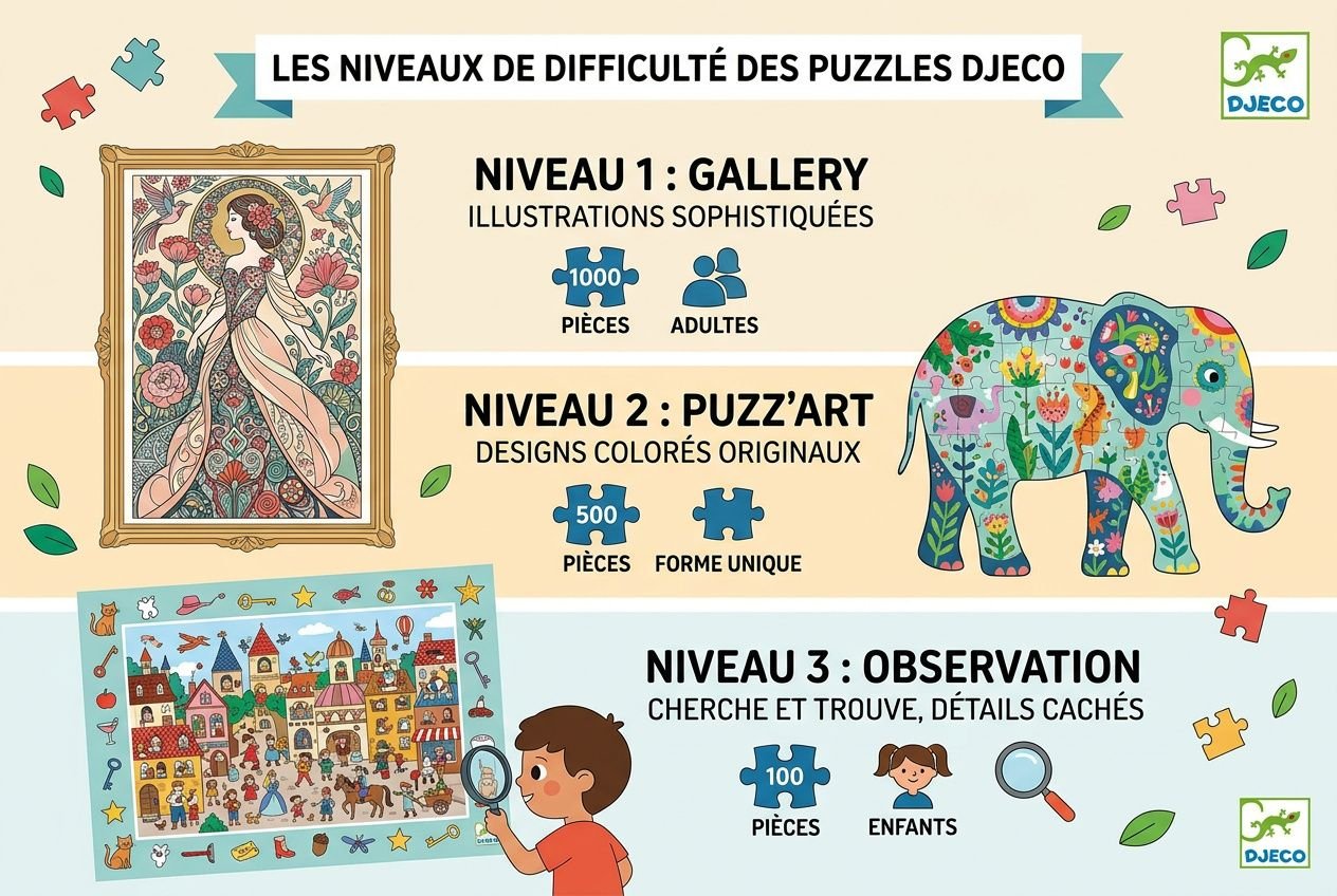 Guide des cadeaux Djeco pour les grands enfants: illustration des niveaux de difficulté avec puzzle Gallery, Puzz’Art 500 pièces et activités créatives.
