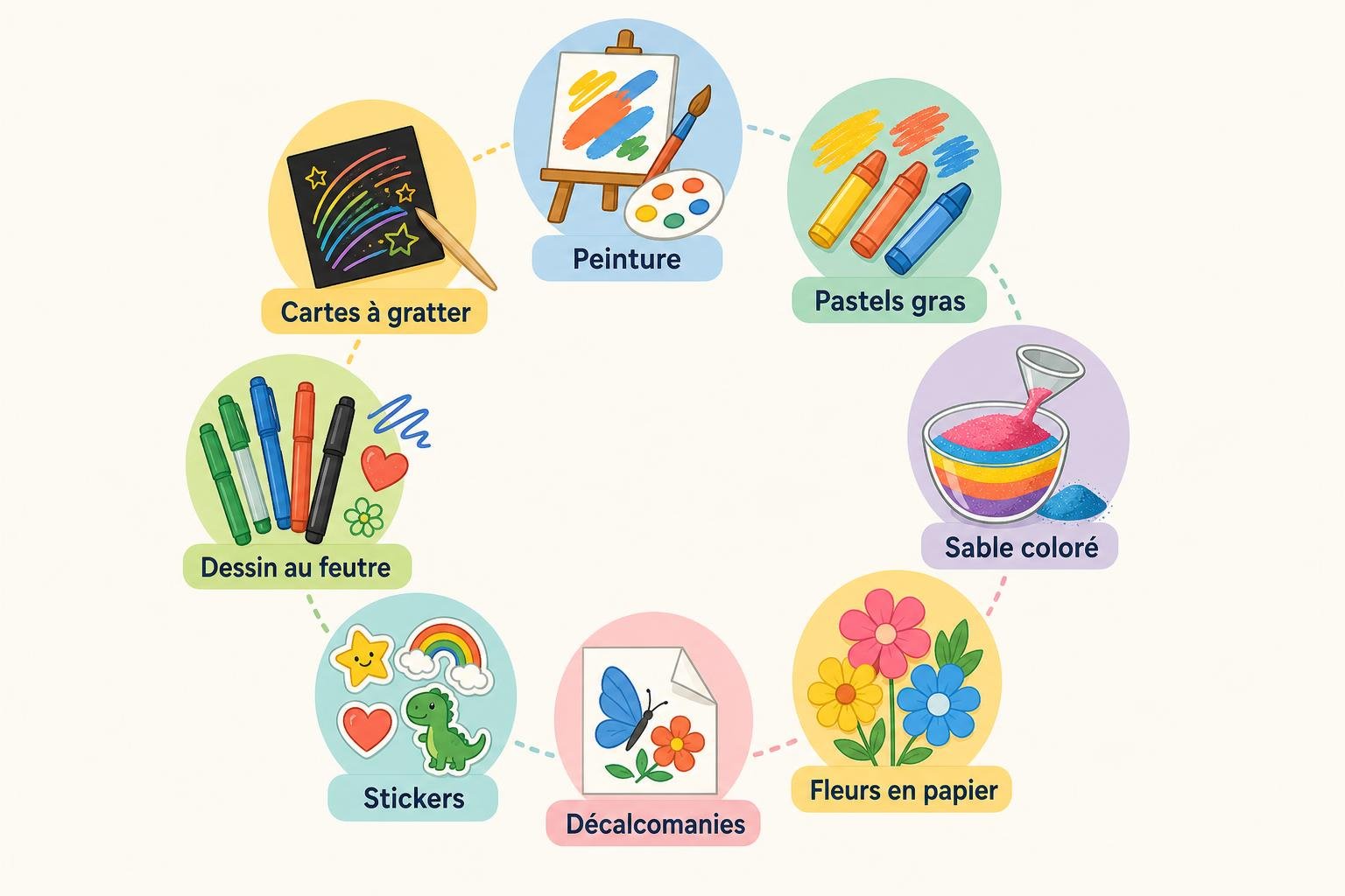 Illustration d’un cercle d’activités artistiques pour enfants: peinture, pastels, sable coloré, fleurs en papier, sables, décalcomanies et crayons, dans une ambiance Djeco. Découvrir culture enfants.