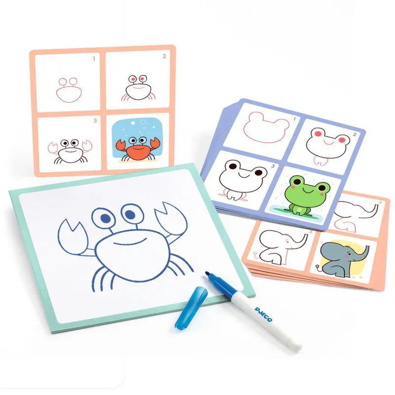 Jeu de memory coloré avec crabes et autres animaux, cartes illustrées et feutre effaçable fournie, idéal pour éveil et dessins.
