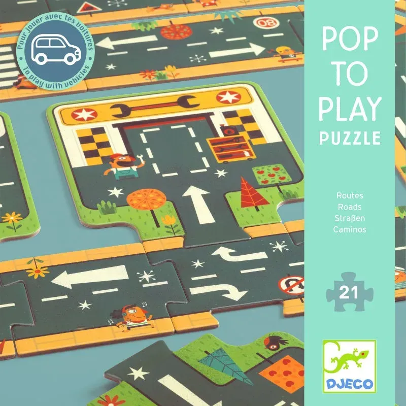 Jeu de puzzle Pop to Play de Djeco, voies routières colorées avec pièces interconnectées et mini personnages.