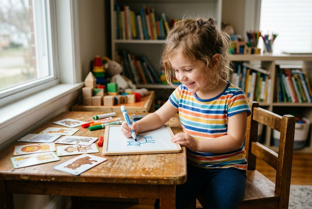Jeune fille dessinant sur une tablette avec des feutres, autour des cartes Djeco et des jeux, pour apprendre à dessiner facilement aux enfants.