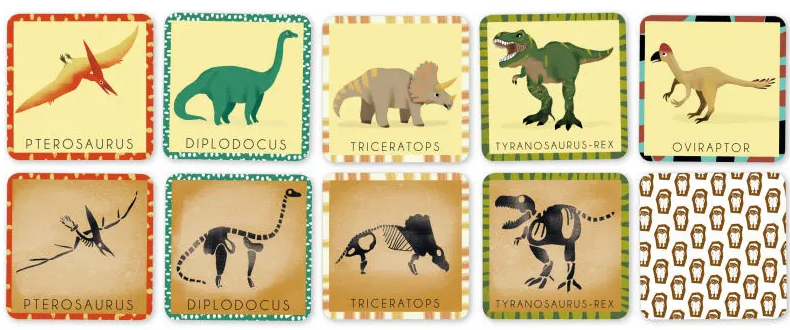 Jeux éducatifs sur le thème des dinosaures et dinosaures miniatures, affichant des illustrations de Pterosaurus, Diplodocus, Triceratops, Tyrannosaurus Rex et Oviraptor sur des carrés colorés.