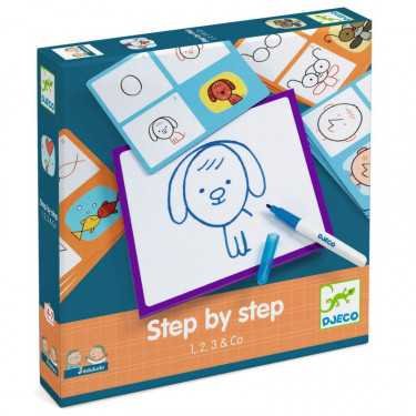 Kit Djeco Step by Step pour apprendre à dessiner facilement aux enfants dès 3 ans, avec planches et feutres inclus.