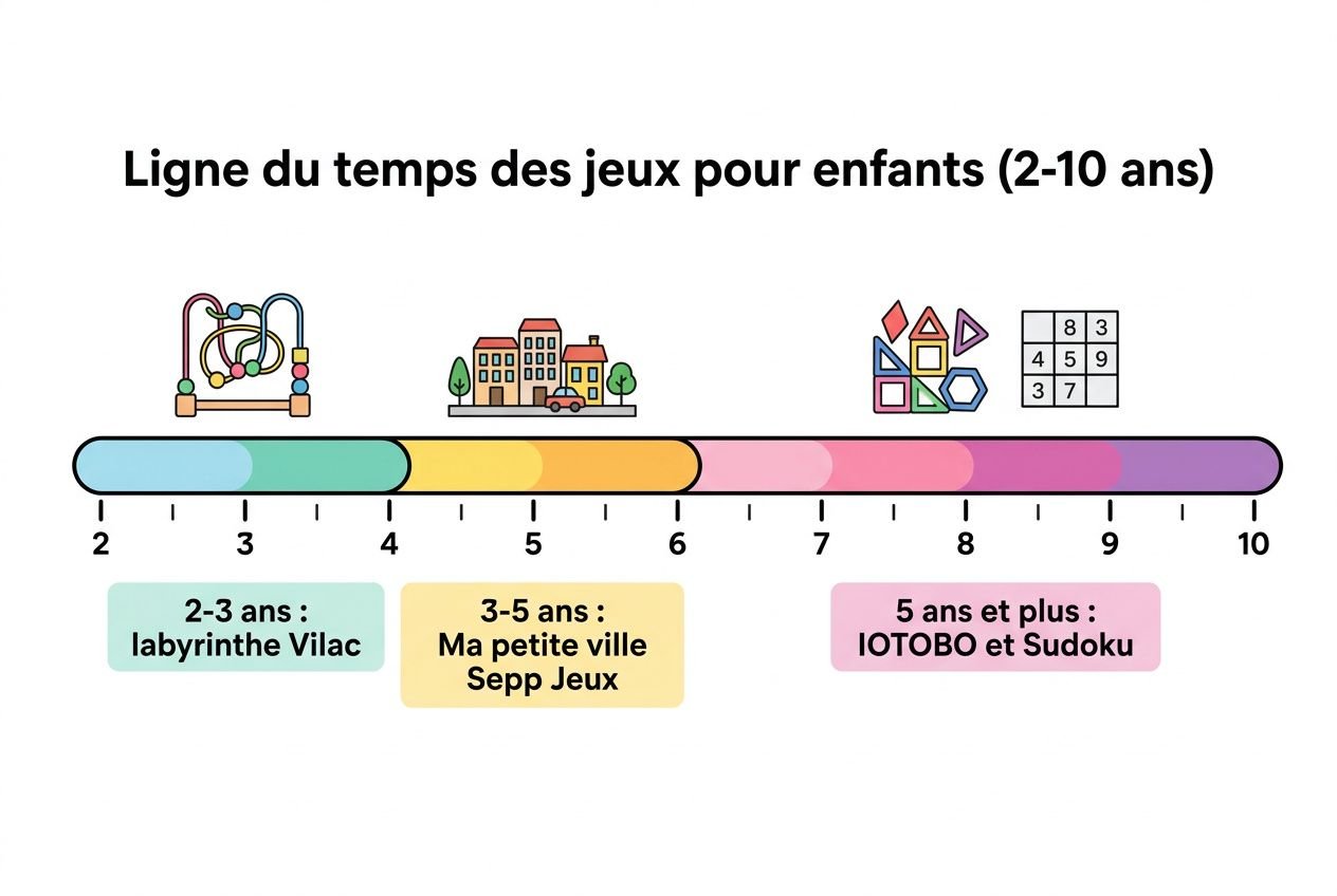 Ligne du temps des jeux pour enfants (2-10 ans) avec des icônes: aire de jeu, ville, et puzzles, adaptée au parcours selon l’âge. jeu magnétique voyage enfant intégré.