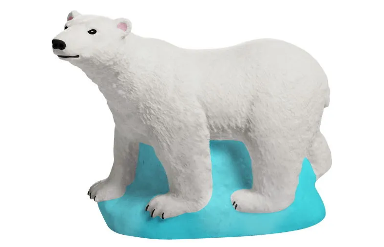 Ours blanc moulé en plâtre Mako Moulage, posé de profil sur socle bleu.