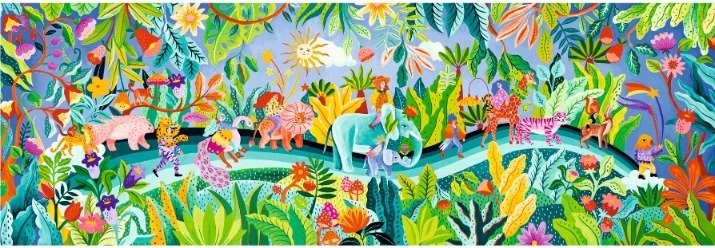 Paysage coloré de jungle tropicale avec des animaux stylisés et des plantes luxuriantes, scène vivante et lumineuse.
