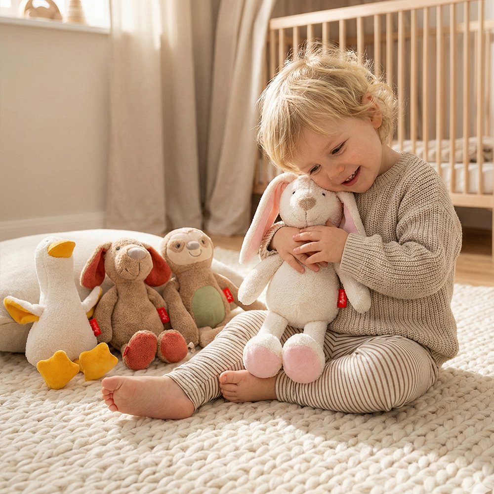 Petit enfant assis sur un tapis, câlinant un lapin en peluche blanc; plusieurs peluches et jouets d’éveil à ses côtés dans une chambre lumineuse.