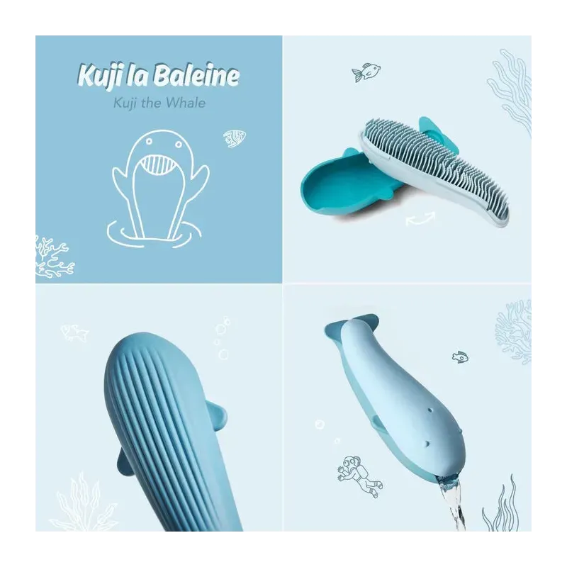 Photo d’un jouet de bain Kuji la Baleine: brosse sensorielle, design en bleu clair, quatre quadrants montrant l’animal et accessoires. Photo d’un jouet de bain Kuji la Baleine: brosse sensorielle, design en bleu clair, quatre quadrants montrant l’animal et accessoires.