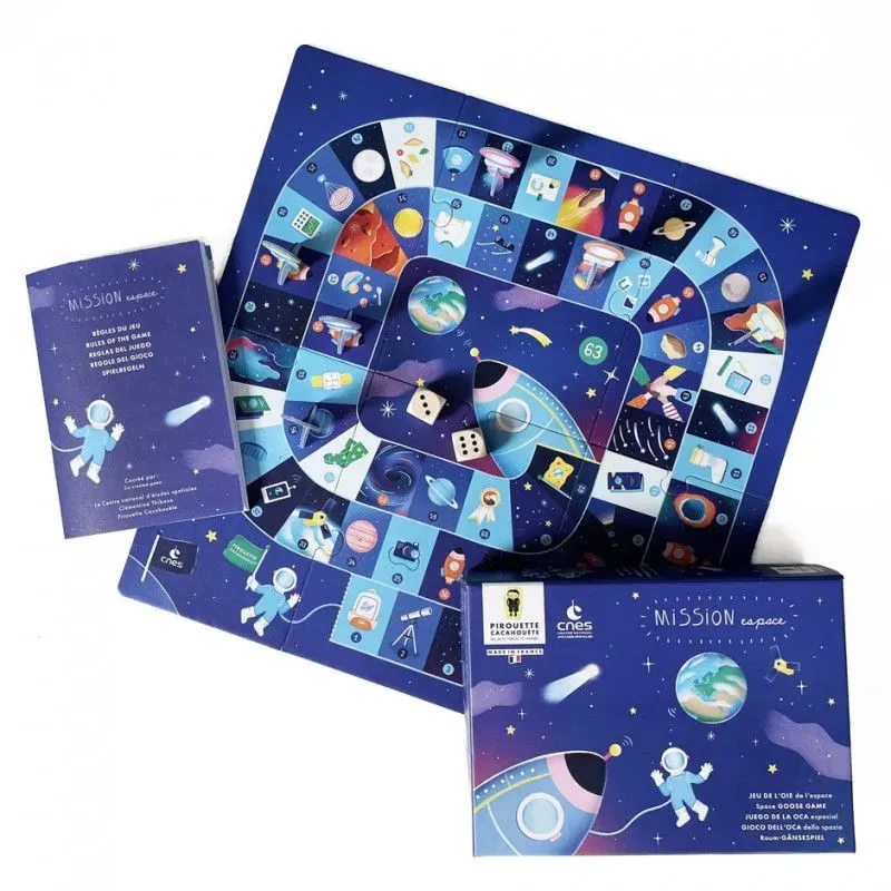Piste de jeu “Mission espace” pour enfants avec plateau spiralé, vaisseau spatial et planètes, boîte et livret illustrés sur le thème spatial.