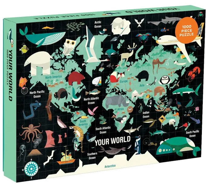 Puzzle 1000 pièces “Your World” avec carte du monde illustrée d’animaux et continents, décor coloré et détails marins.