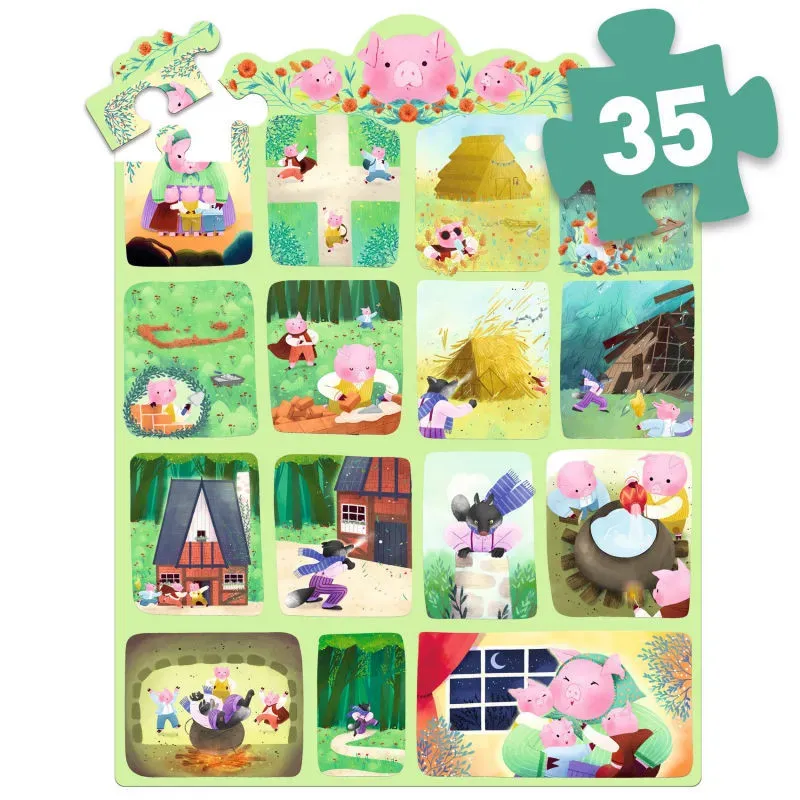Puzzle de 35 pièces illustré avec l'histoire des 3 petits cochons, style enfantin coloré et ludique. Puzzle de 35 pièces illustré avec l'histoire des 3 petits cochons, style enfantin coloré et ludique.