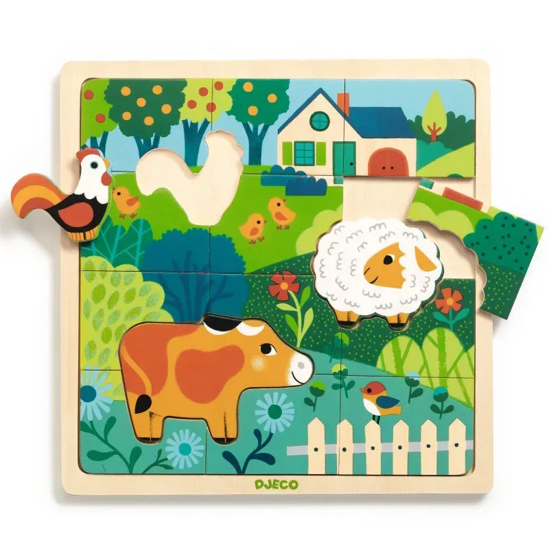 Puzzle en bois coloré pour enfant avec vache, mouton, poule et jardin; pièces à assembler dans un cadre carré. parfait pour "quel puzzle pour un enfant de 3 ans"