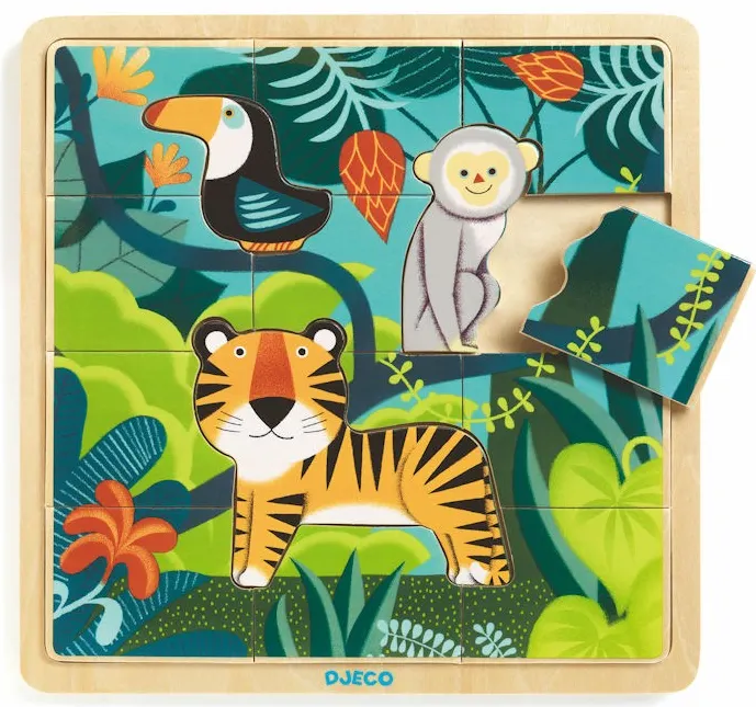 Puzzle en bois Djeco : animaux de la jungle colorés, tigre, toucan et singe, pièces à reconstituer sur cadre rond. Puzzle en bois Djeco : animaux de la jungle colorés, tigre, toucan et singe, pièces à reconstituer sur cadre rond.