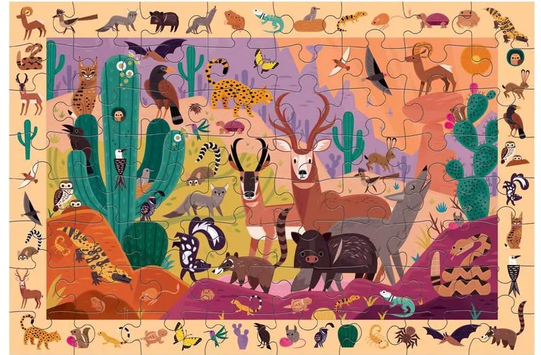 Puzzle coloré avec animaux du désert, entouré d’images sur le contour, à retrouver dans le puzzle.