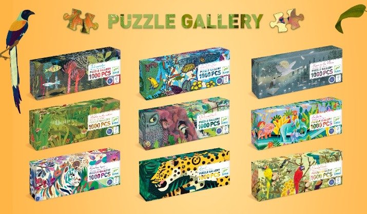 Puzzle Gallery: volets colorés avec boîtes de puzzles 1000 pièces sur fond jaune, images d’animaux et plantes, sans texte secret.