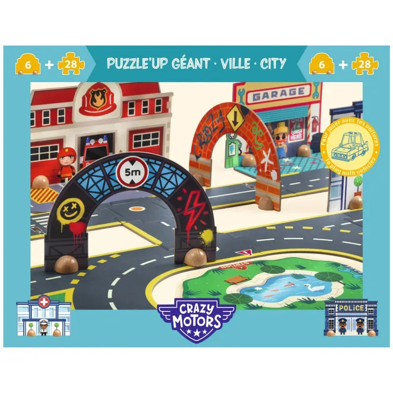 Puzzle géant "Ville" Crazy Motors avec arches, routes et petites maisons, jeu d’éveil pour enfants.