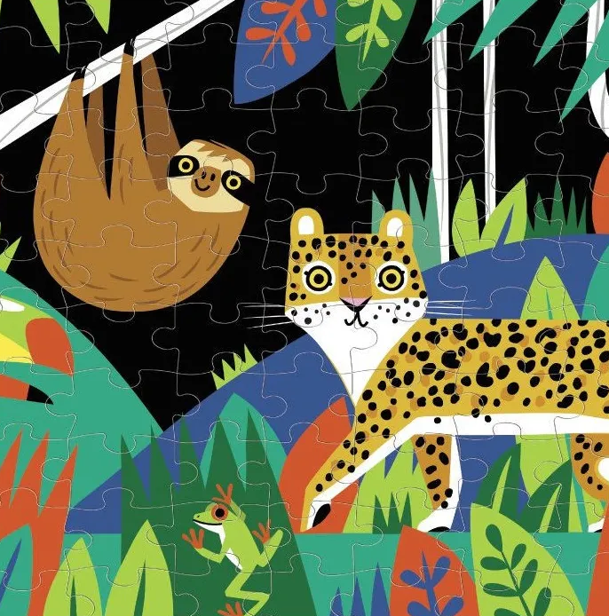Puzzle illustré avec jaguar et paresseux dans une jungle colorée, style ludique et enfantin.