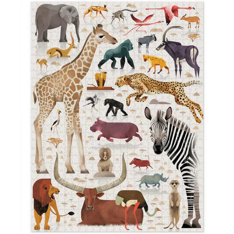 Puzzle illustré sur le thème des animaux sauvages, avec girafe, zèbre, lion, girafe et autres animaux colorés.