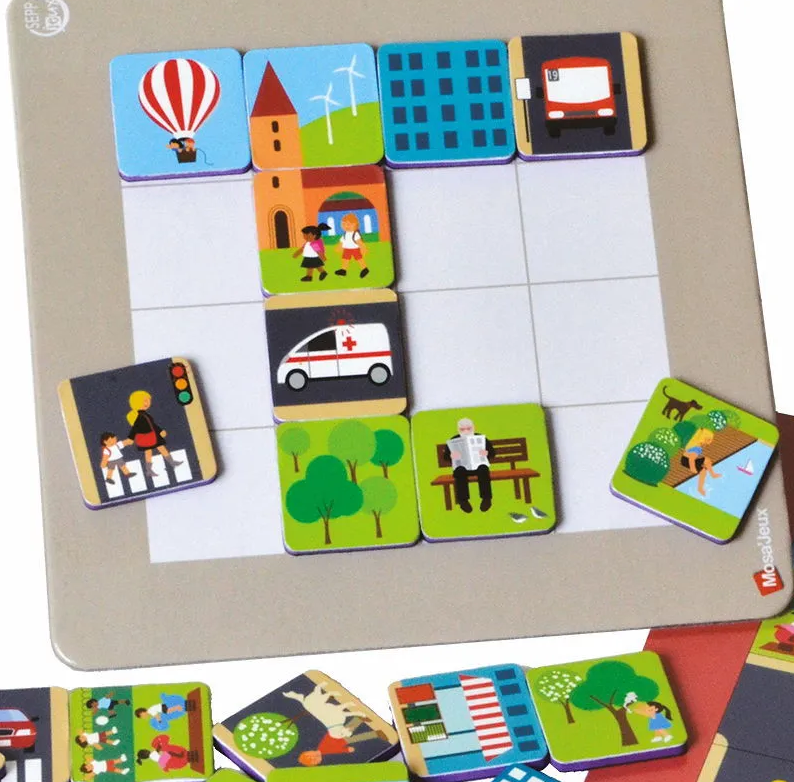 Puzzle magnétique représentant des scènes urbaines et de vie: bus, ambulances, piétons, arbres et parcs, sur une planche à motifs gris clair. Puzzle magnétique représentant des scènes urbaines et de vie: bus, ambulances, piétons, arbres et parcs, sur une planche à motifs gris clair.