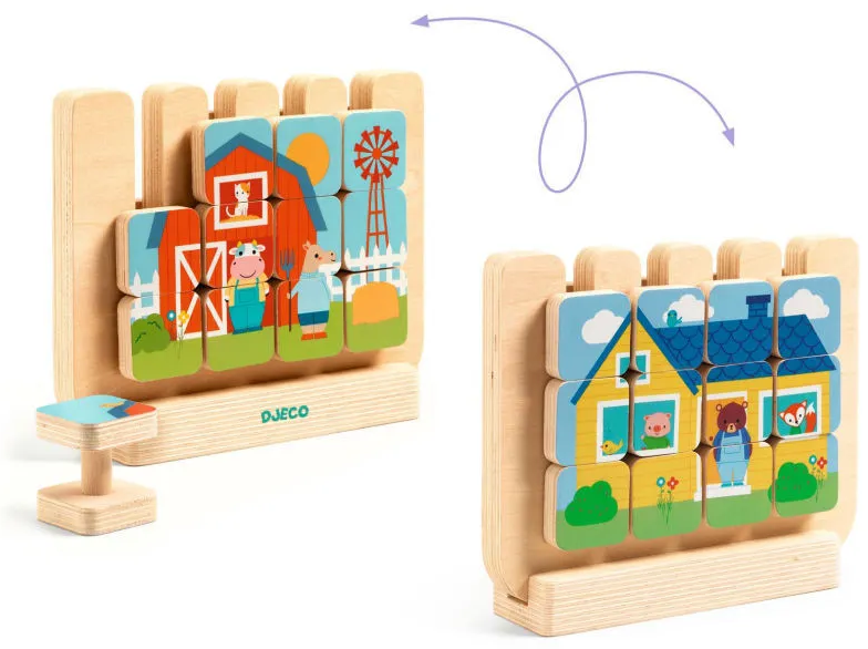 Puzzles en bois Djeco avec pièces colorées assemblables, montrant une ferme et une maison de campagne sur cadre en bois. Puzzles en bois Djeco avec pièces colorées assemblables, montrant une ferme et une maison de campagne sur cadre en bois.