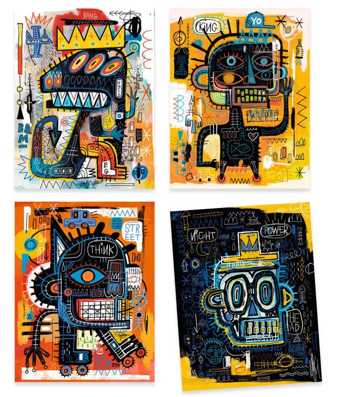 Quatre affiches d’art moderne colorées, dessins de style graffitis, portraits de robots avec des motifs éclatants jaune, orange et bleu. Quatre affiches d’art moderne colorées, dessins de style graffitis, portraits de robots avec des motifs éclatants jaune, orange et bleu.