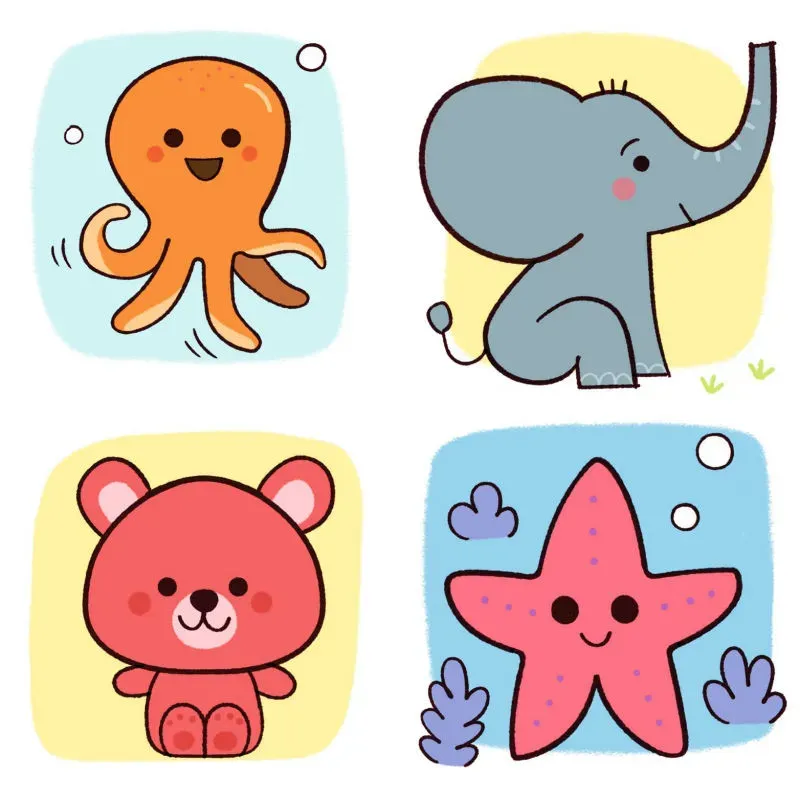 Quatre animaux cartoonisés (pieuvre orange, éléphant bleu, teddy rouge, étoile de mer rose) dans des carrés colorés.
