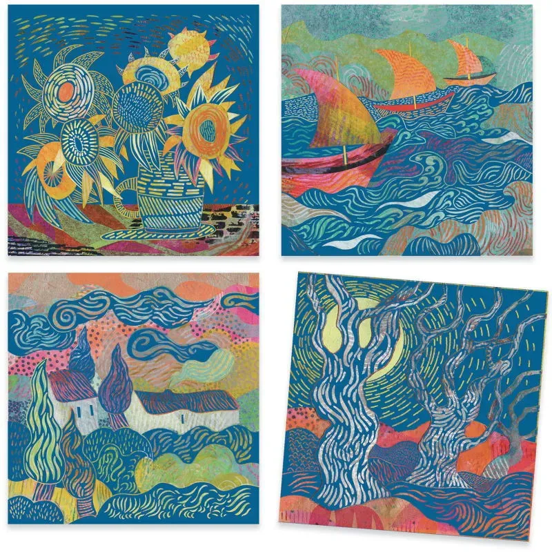 Quatre peintures abstraites colorées représentant des paysages marins et végétaux, motifs ondulés et vifs, palette dominée par le bleu et le turquoise.
