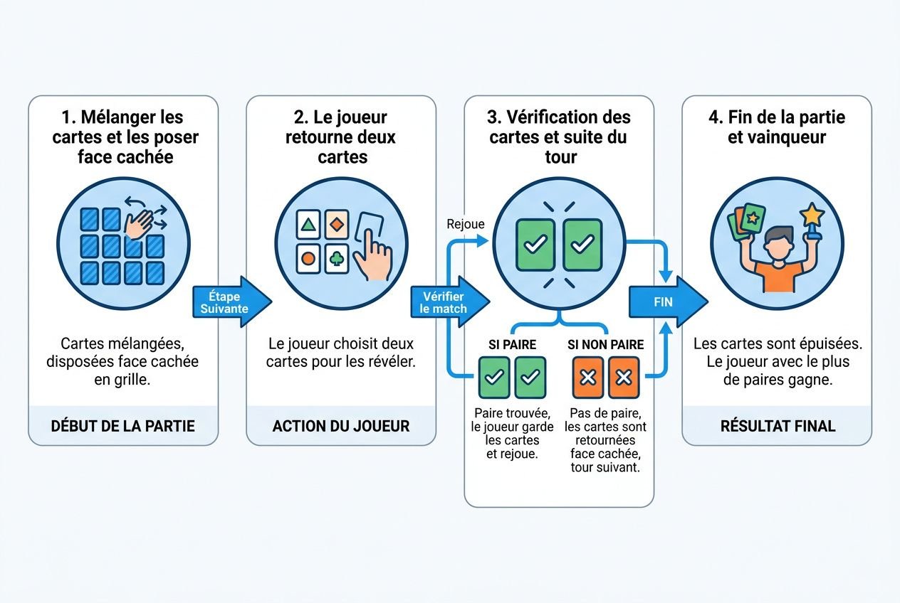 Schéma pas à pas d’un jeu de mémoire: mélanger, retourner les cartes, vérifier les paires et terminer en gagnant. meilleur jeu de mémoire présent.