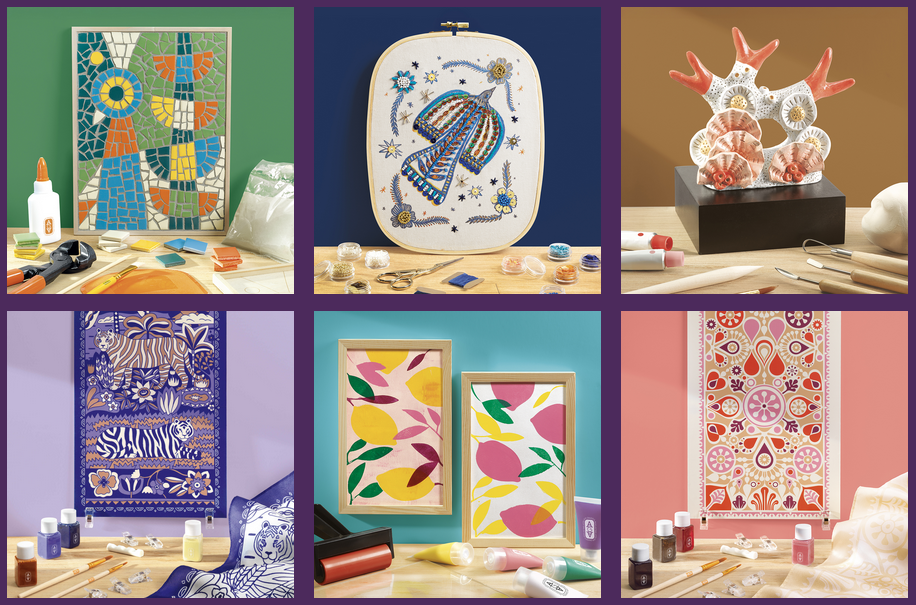 Six images montrant des kits créatifs et décorations pour ados: mosaïques, broderie, cadres imprimés, pochoirs et peintures. Six images montrant des kits créatifs et décorations pour ados: mosaïques, broderie, cadres imprimés, pochoirs et peintures.
