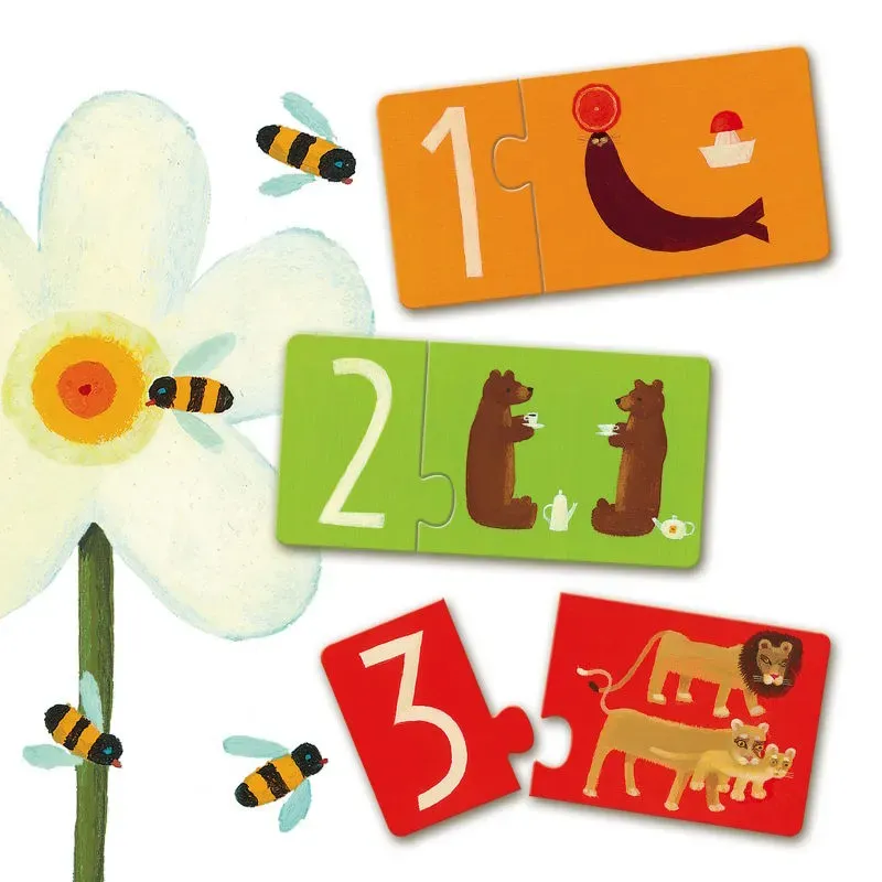 Trois cartes-puzzles colorées numérotées 1, 2 et 3 avec animaux et objets, décor floral et abeilles autour.