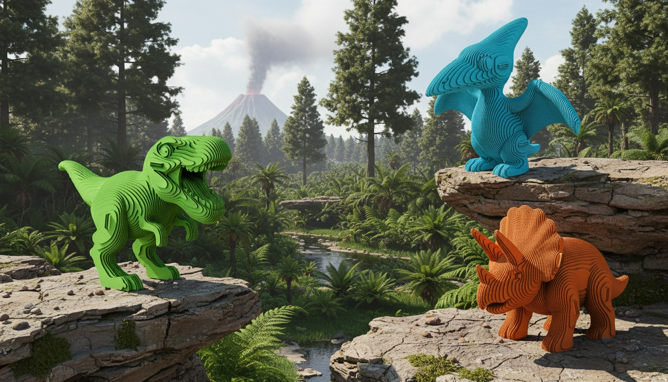 Trois dinosaures en carton peint (vert, bleu et orange) se tiennent sur des rochers dans une forêt luxuriante avec un volcan en arrière-plan.