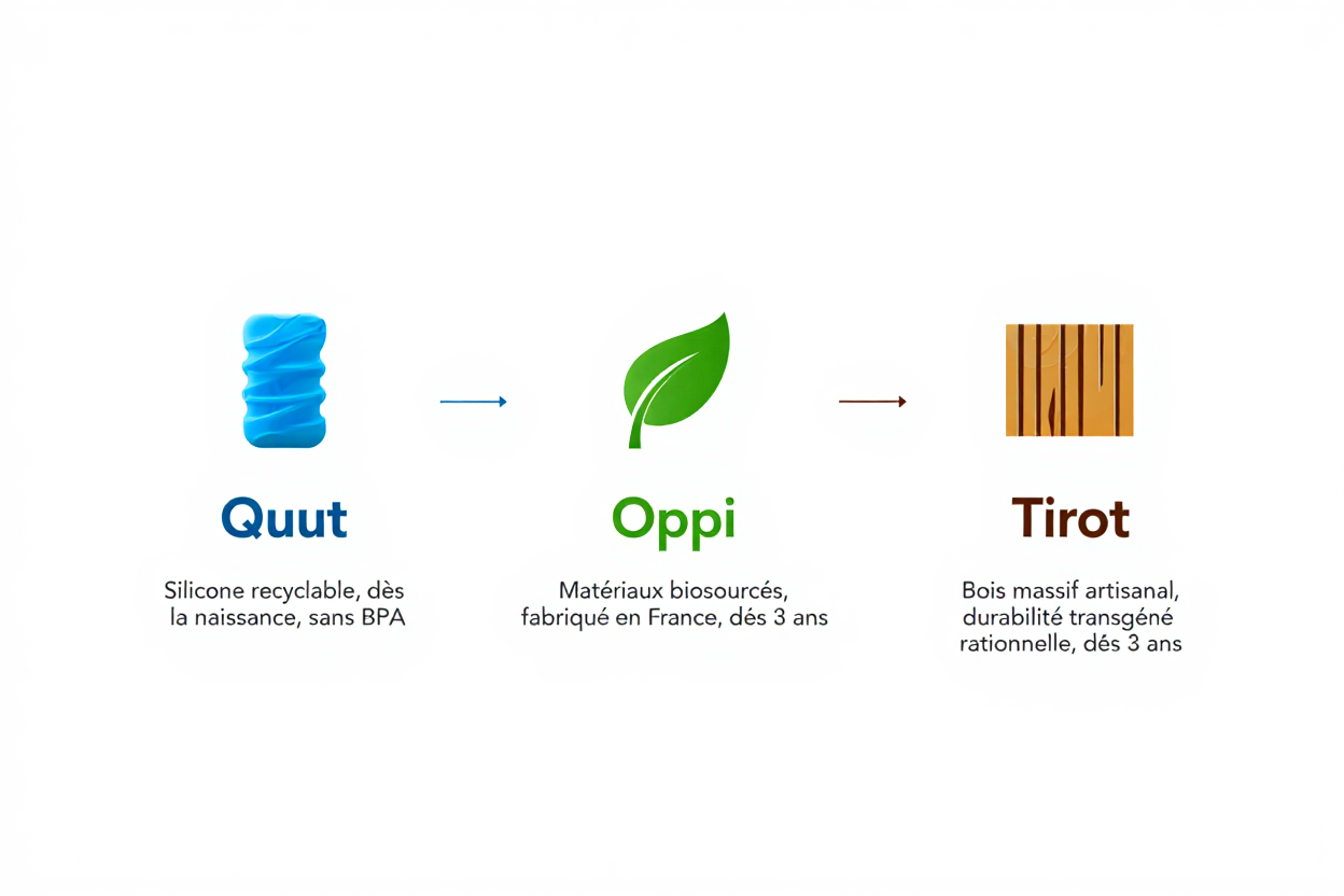 Trois logos de marques Quut → Oppi → Tirot illustrant la transition vers des matériaux biosourcés et bois massif dans les jouets de bain. meilleur jouet bain enfant